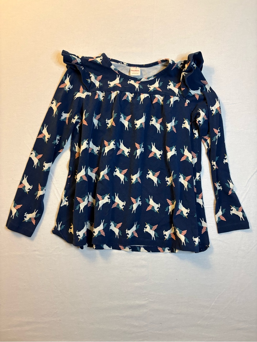Hanna Andersson Navy Unicorn Ruffle Shoulder Long-Sleeve Top